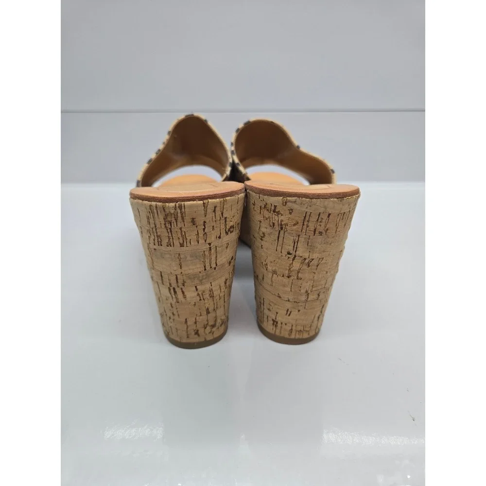 Dolce Vita Polka‎ Dot Canvas Cork Wedge Sandals Tan Black Open Toe Mules Size 8